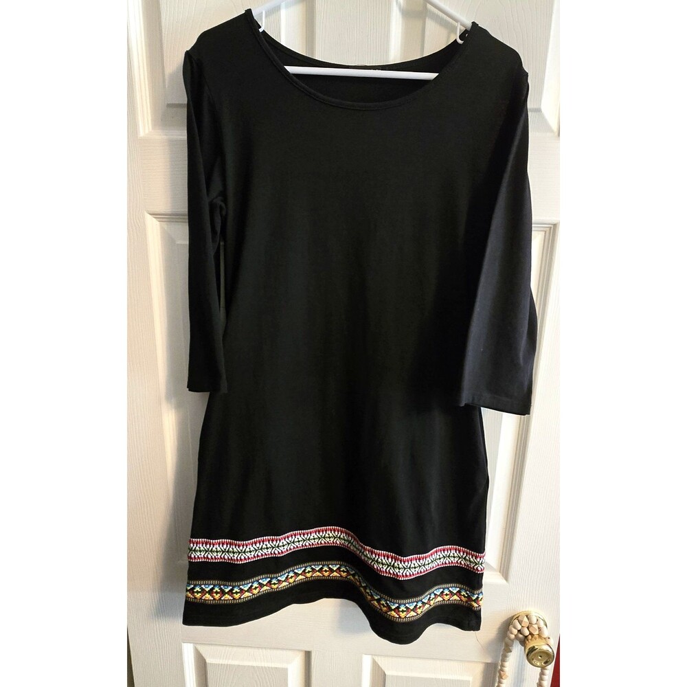 Thanth Dress Womens SZ M Black Multi Band Trim Casual Office Pockets  3/4 Sleeve